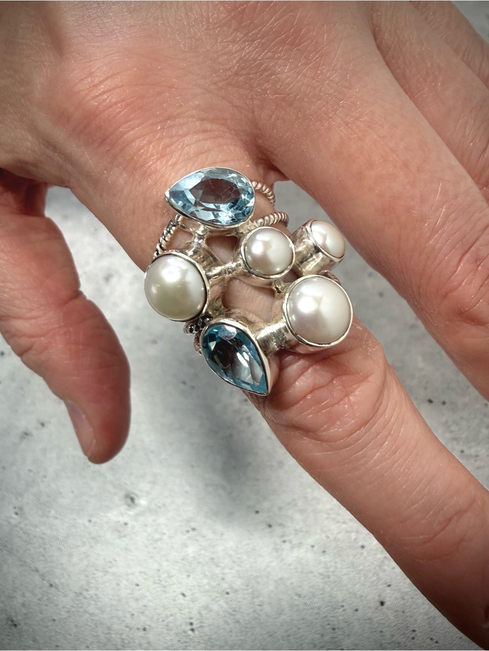 Vintage Sterling Silver Sapphire & Freshwater Pearl Ring • Size 7